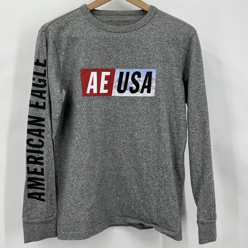 American Eagle Outfitters Mens Long Sleeve Graphic T Shirt AE USA Grey Small